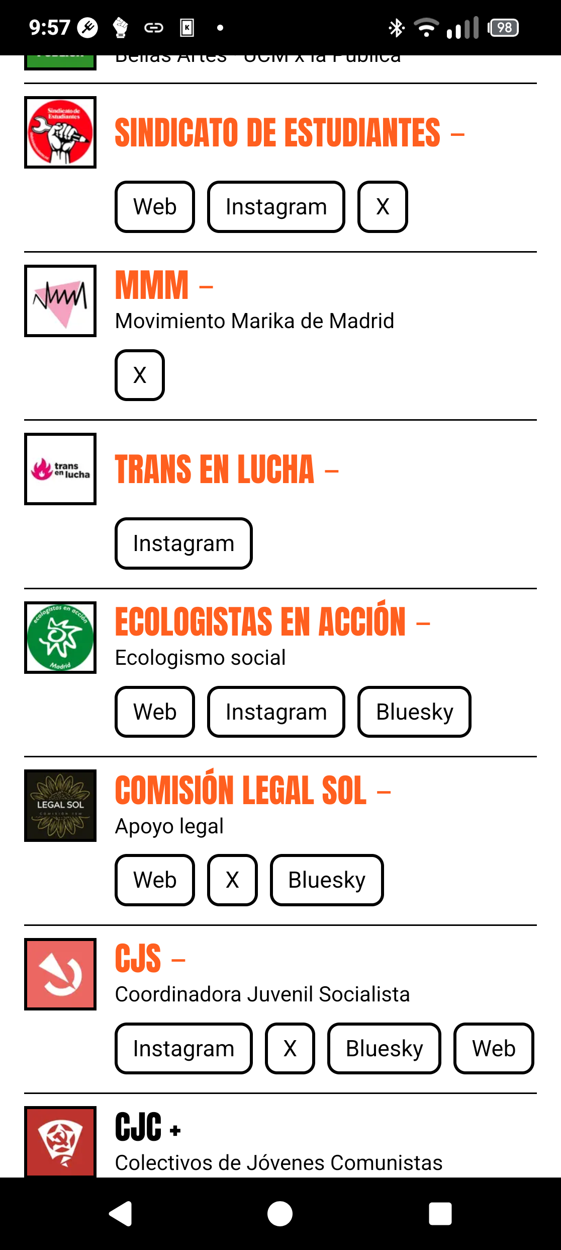 Redes sociales de movimientos sociales donde aparecen en su mayoría: Instagram, X, Telegram