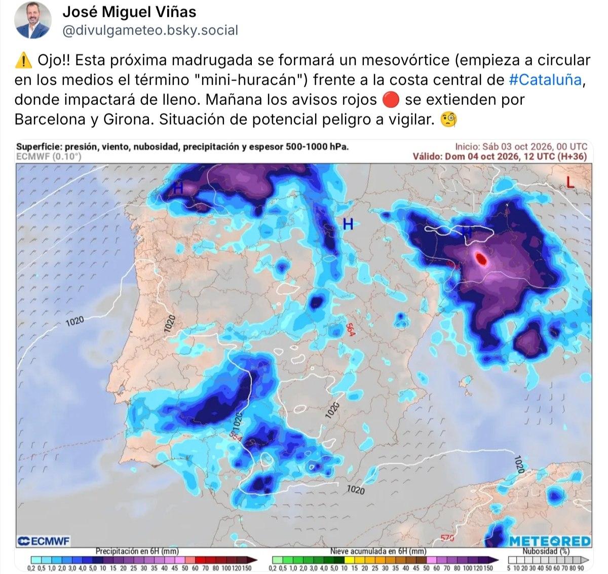 Captura de un mensaje del meteorólogo José Manuel Viñas que avisa de la formación de un mesovortice en la costa catalana mañana. Debajo hay un mapa que ilustra la situación prevista, bastante complicada.